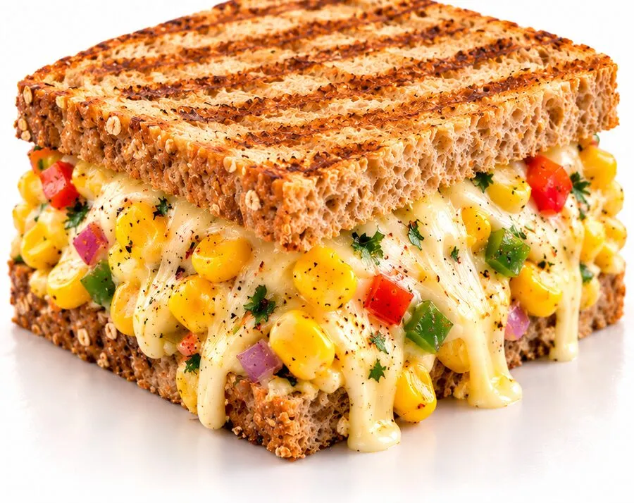 Grilled whole wheat sandwich filled with corn and melted cheese