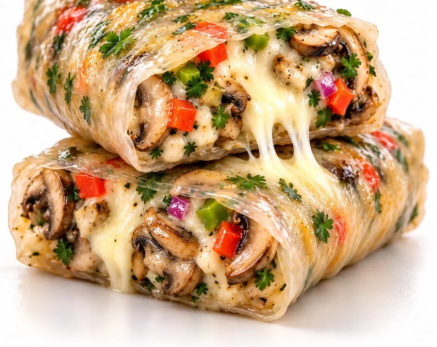 Two wild mushroom crystal bites with stretchy melted cheese