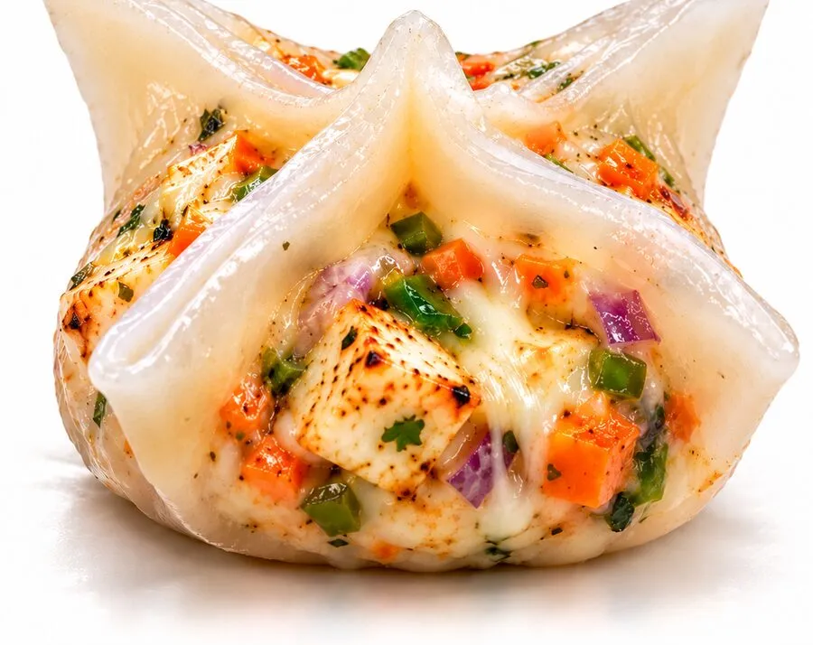 A translucent cheesy paneer dimsum, its four folded corners showing roasted paneer, carrot and capsicum inside
