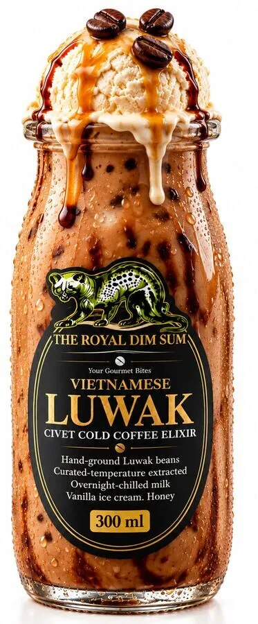 A 300 ml bottle of Vietnamese Luwak cold coffee topped with vanilla ice cream and chocolate drizzle